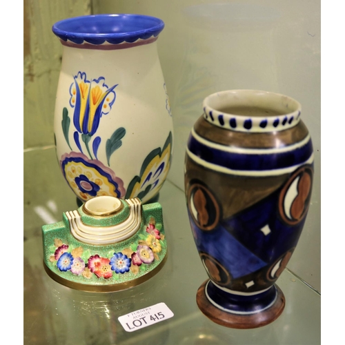 415 - HAND PAINTED CLEWS AND CO CHAMELEON WARE VASE TOGETHER WITH A CROWN DUCAL FLORAL HAND PAINTED VASE A... 