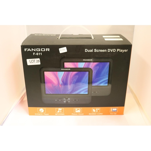 28 - BOXED FANGOR DUAL SCREEN IN-CAR DVD PLAYER - F-611