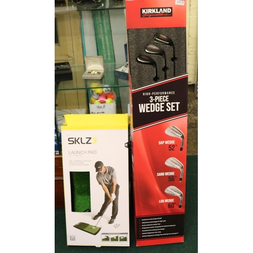 37 - BOXED 3 PIECE KIRKLAND GOLF WEDGE SET INC. BOXED SKLZ LAUNCH PAD