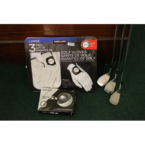 38 - 3 PIECE KIRLAND GOLF WEDGE SET WITH 6 TAILORMADE TP5X GOLF BALLS 2 X LARGE GOLF GLOVES
