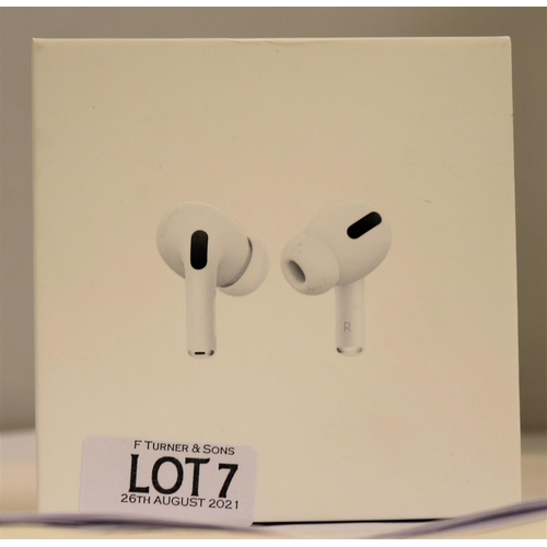 7 - BOXED PAIR OF APPLE AIR POD PROS WITH WIRELESS CHARGING CASE (USED AND CASE SHOWING SIGNS OF WEAR, M... 