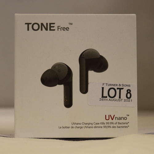 8 - BOXED PAIR OF LG TONE FREE UV NANO WIRELESS EAR BUDS