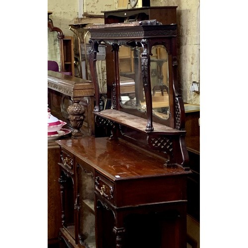 305a - MAHOGANY AND ROSEWOOD VICTORIAN MIRROR BACK SIDEBOARD, CARVED FREEZE, ORNATE GLAZED CENTRE CUPBOARD ... 