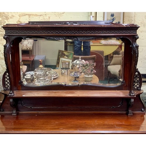 305a - MAHOGANY AND ROSEWOOD VICTORIAN MIRROR BACK SIDEBOARD, CARVED FREEZE, ORNATE GLAZED CENTRE CUPBOARD ... 