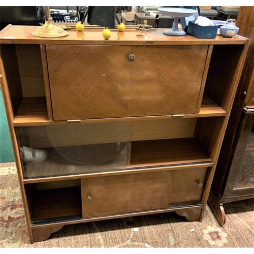 392 - A SLIM GLAZED LIGHT OAK UTILITY DESK & BOOKCASE -DROP FRONT WITH SILDING GLASS & WOODEN DOORS TO BAS... 