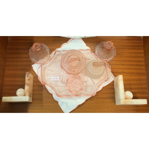 416 - PEACH GLASS VINTAGE DRESSING TABLE SET TOGETHER WITH A PAIR OF ALABSTER BOOKENDS & A PAIR OF MARBLE ... 