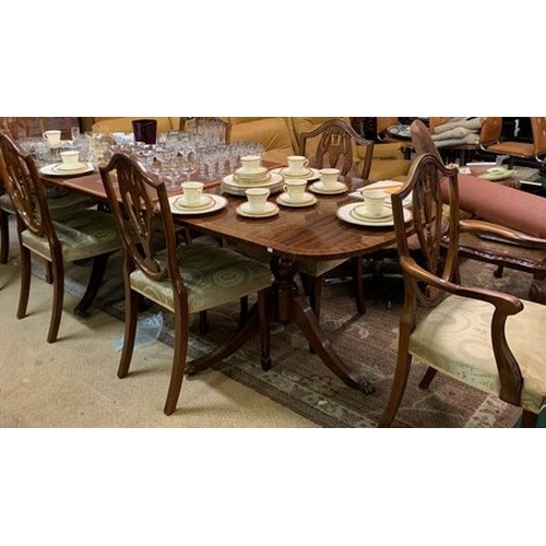 419 - EXTENDING EDWARDIAN REVIVAL STYLE INLAID DINING SUITE, COMPRISING EXTENDING DINING TABLE, SIX CHAIRS... 