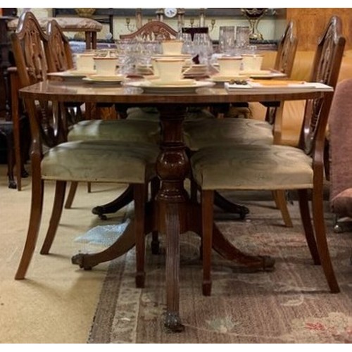 419 - EXTENDING EDWARDIAN REVIVAL STYLE INLAID DINING SUITE, COMPRISING EXTENDING DINING TABLE, SIX CHAIRS... 