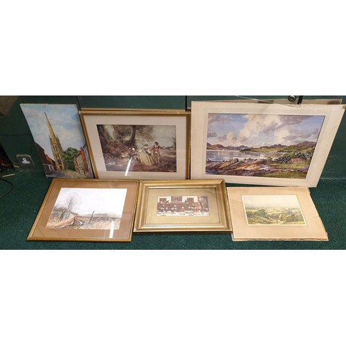 350 - 6 X PICTURES INC. WATERCOLOUR BY STIRLING GILLESPIE, CHURCH, W.B WATSON PRINT, A DENBY SADLER PRINT,... 