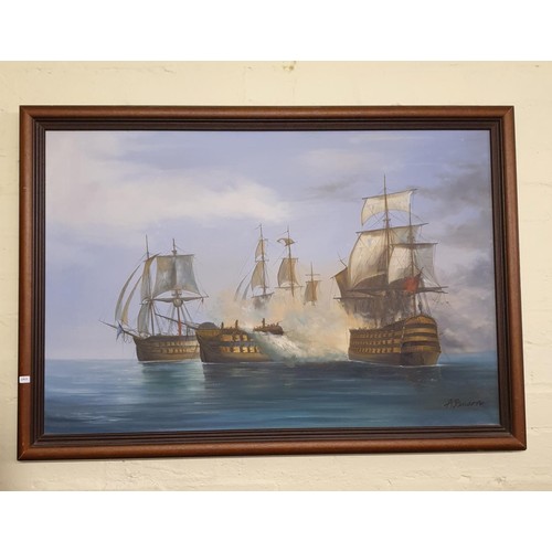 352 - A LARGE FRAMED PICTURE SHOWING A NAVAL BATTLED, SIGNED A BENSON