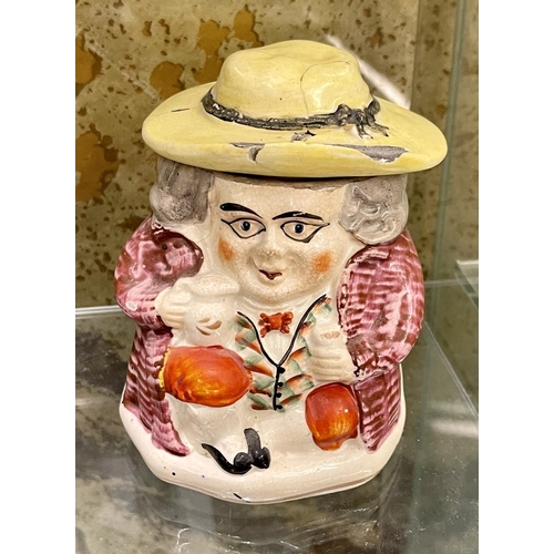 236 - 3 X ANTIQUE POTTERY ITEMS INC. 2 X MUGS WITH CRACKS AND A VINTAGE TOBY JUG FIGURE WITH LID IN THE FO... 