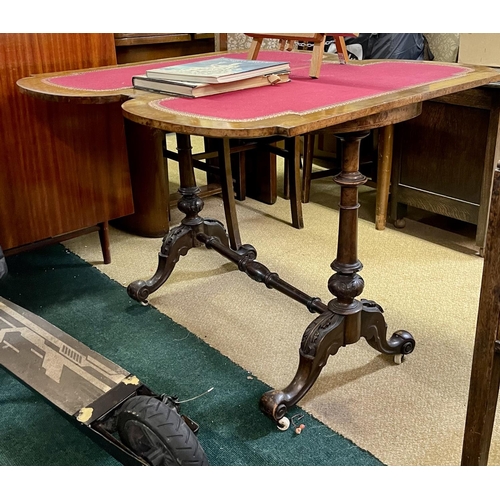 334 - A VICTORIAN SERPENTINE CARD TABLE WITH RED VELOUR INTERIOR (DGE. TO VENEER) WITH SWIVEL ENVELOPE TOP... 