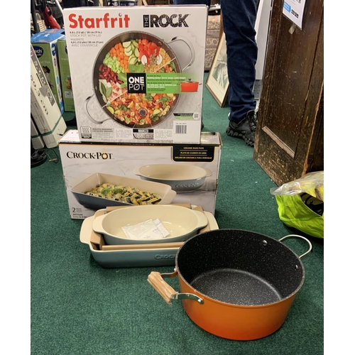 113 - STARFRIT THE ROCK STOCK POT -NO LID BOXED TOGETHER WITH 2 PIECE ARTISAN CERAMIC BAKING DISHES