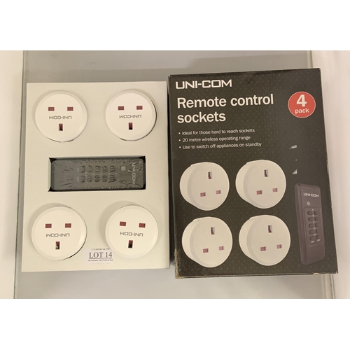 14 - A SET OF UNICOM REMOTE CONTROL SOCKETS -BOXED 4 PACK WITH REMOTE CONTROL