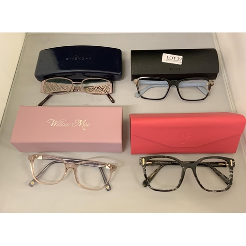 39 - 4X PAIRS OF DESIGNER SPECTACLE FRAMES - INCL PRADA, GIVENCHY, WILLOW MAE, MYE -ALL WITH SLIGHTSIGNS ... 