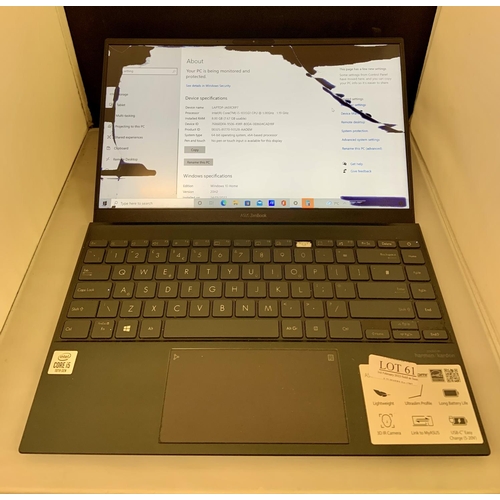 61 - ASUS ZENBOOK 14 = WITH CHARGER - CRACKED SCREEN /MISSING F10 BUTTON -SPARES OR REPAIR