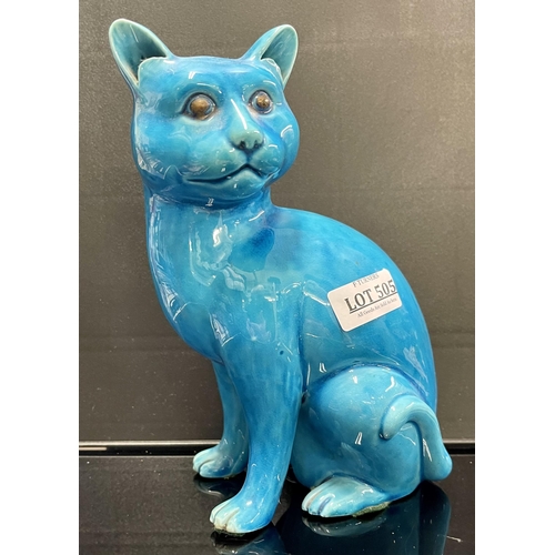 505 - CHINESE TURQUOISE PORCELAIN FIGURE OF A CAT