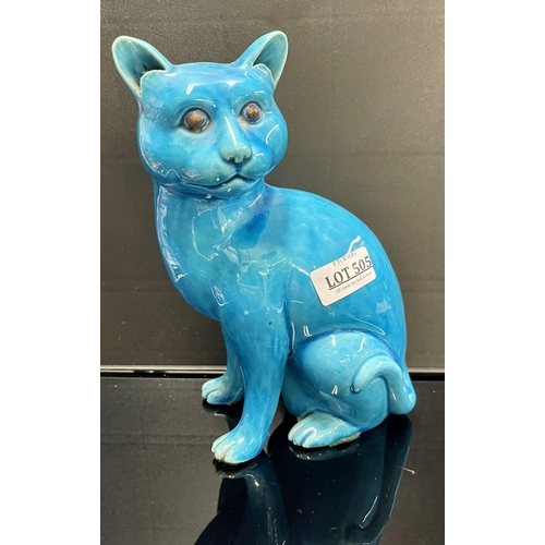 505 - CHINESE TURQUOISE PORCELAIN FIGURE OF A CAT