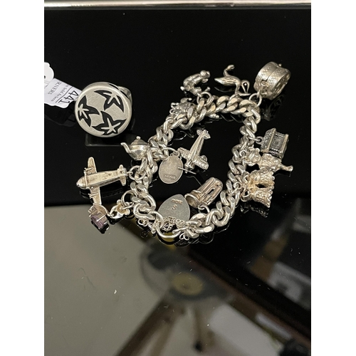 441 - SILVER CHARM BRACELET WITH CHARMS PLUS SILVER RING 95 GRAMS