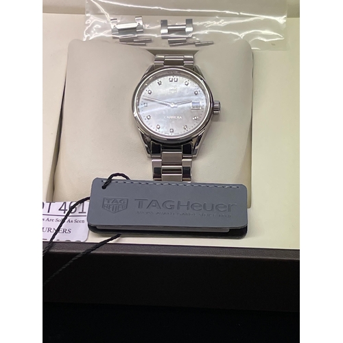 461 - TAG HEUER CARRERA WAR1314 LADIES AUTOMATIC WRISTWATCH, MOTHER OF PEARL FACE, DIAMOND SET, BOXES PAPE... 