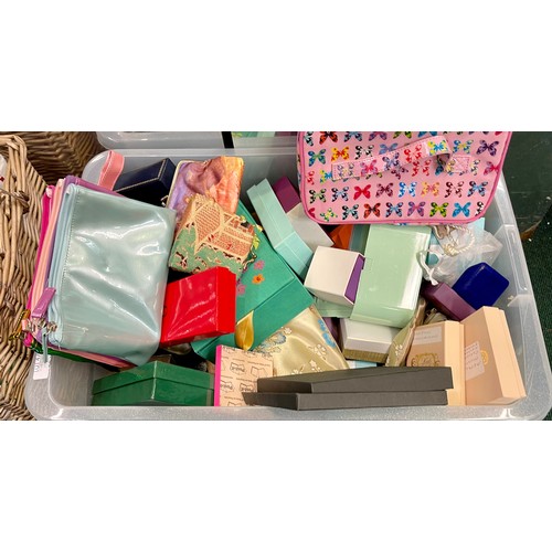 470 - BOX OF VARIOUS JEWELLERY BOXES AND CASES. BAGS ETC