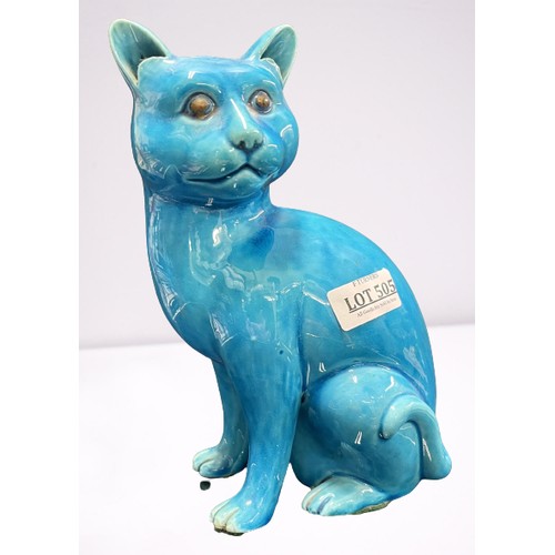 505 - CHINESE TURQUOISE PORCELAIN FIGURE OF A CAT