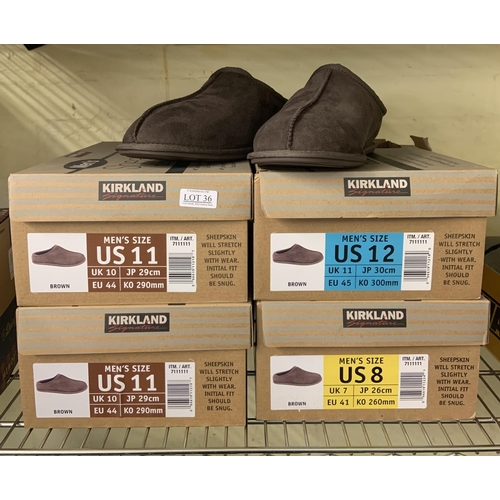 36 - 4 X BOXED PAIRS OF KIRKLAND MENS SHEEPSKIN SLIPPERS - BROWN - VARIOUS SIZES