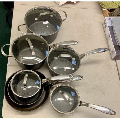 63 - 12 PIECE STARFRIT THE ROCK PAN SET - SIGNS OF PREVIOUS USEAGE - 7 PANS/5 LIDS