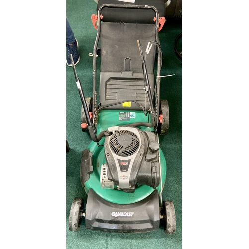 117 - A QUALCAST CAST PETROL LAWNMOWER WITH GRASS BOX - AS SEEN