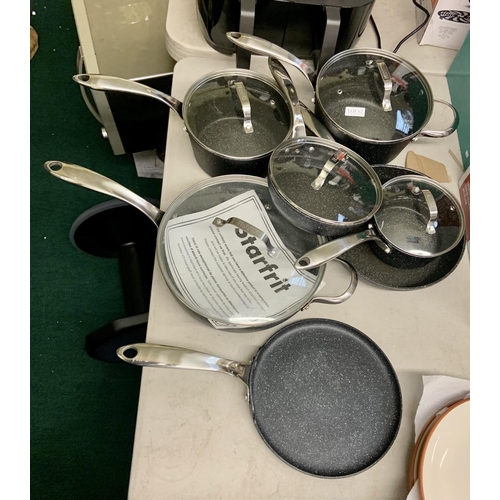 62 - 12 PIECE STARFRIT THE ROCK PAN SET - SIGNS OF PREVIOUS USEAGE - 7 PANS/5 LIDS