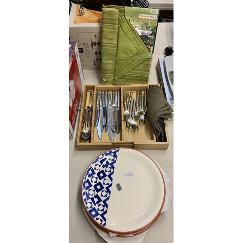 64 - 6 X JOHN LEWIS TERRACOTTA DINNER PLATES,  VARIOUS CUTLERY AND SET OF 4 RIVIERA PLACE MATS