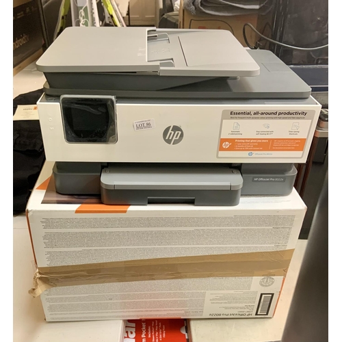 86 - BOXED HP OFFICE JET PRO 8022E - BLACK WHITE GOOD COPY/NO COLOURED INKS