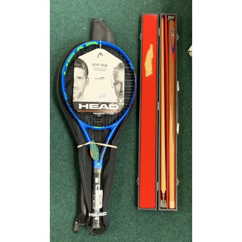 94 - HEAD TENNIS RACQUET IN CASE TOGETHER WITH 2 SNOOKER CUES IN CARRY CASE