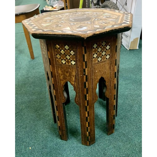 334 - A MOORISH HEXAGONAL MOTHER OF PEARL INLAID SIDE TABLE WITH INLAID LEGS