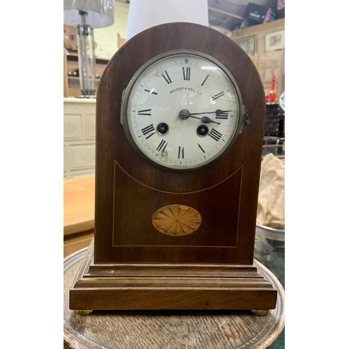 339 - AN INLAID MAHOGANY MANTLE CLOCK BY WALKER & HALL WITH KEY -MARKED FRENCH MAKE -GWO