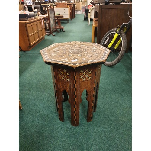 334 - A MOORISH HEXAGONAL MOTHER OF PEARL INLAID SIDE TABLE WITH INLAID LEGS