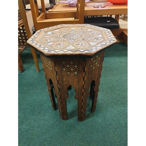 334 - A MOORISH HEXAGONAL MOTHER OF PEARL INLAID SIDE TABLE WITH INLAID LEGS