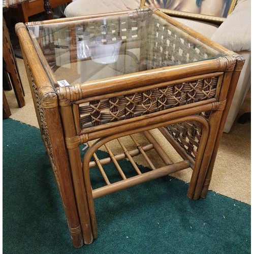 336A - A SQUARE GLASS TOPPED BAMBOO AND RATTAN SIDE TABLE WITH UNDERSHELF