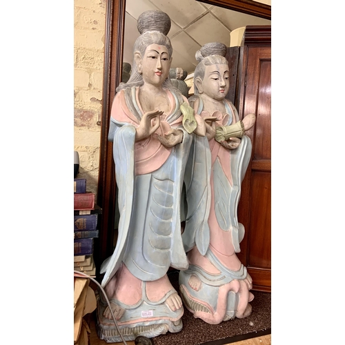 252 - A PAIR OF CARVED CHINESE FIGURINES IN PINK & GREEN - APPROX. 104CM H X 28CM W