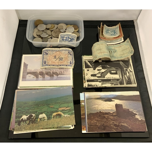 360 - A SMALL COLLECTION OF POSTCARDS AND FOREIGN AND CONTINENTAL COINS INC. GERMAN POST-WAR BANK NOTES