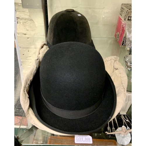 368 - A DUNN AND CO. VINTAGE BOWLER HAT AND A HARRY HALL TRIPLE CROWN RIDING HAT