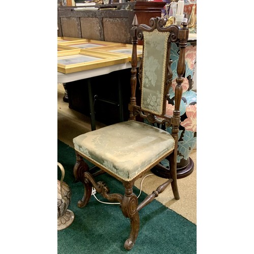 421 - A VICTORIAN CARVED OAK GOTHIC STYLE HALL CHAIR IN GREEN BROCADE UPHOLSTERY