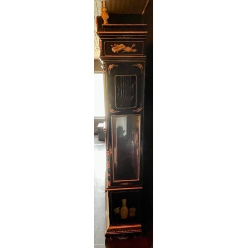 250 - Chinese Lacquer design Longcase Clock of Black & gold design - marked 'Tempus Fugit' (time flies) - ... 