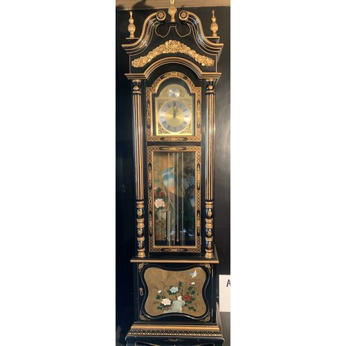 250 - Chinese Lacquer design Longcase Clock of Black & gold design - marked 'Tempus Fugit' (time flies) - ... 