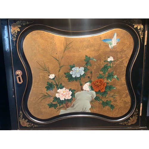 250 - Chinese Lacquer design Longcase Clock of Black & gold design - marked 'Tempus Fugit' (time flies) - ... 