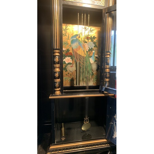 250 - Chinese Lacquer design Longcase Clock of Black & gold design - marked 'Tempus Fugit' (time flies) - ... 