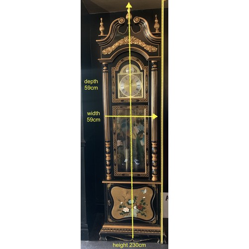 250 - Chinese Lacquer design Longcase Clock of Black & gold design - marked 'Tempus Fugit' (time flies) - ... 