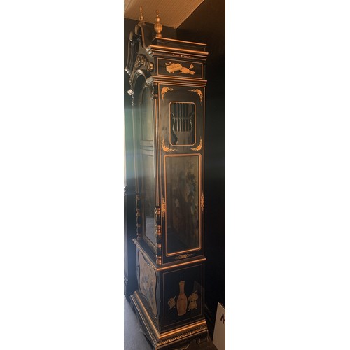 250 - Chinese Lacquer design Longcase Clock of Black & gold design - marked 'Tempus Fugit' (time flies) - ... 