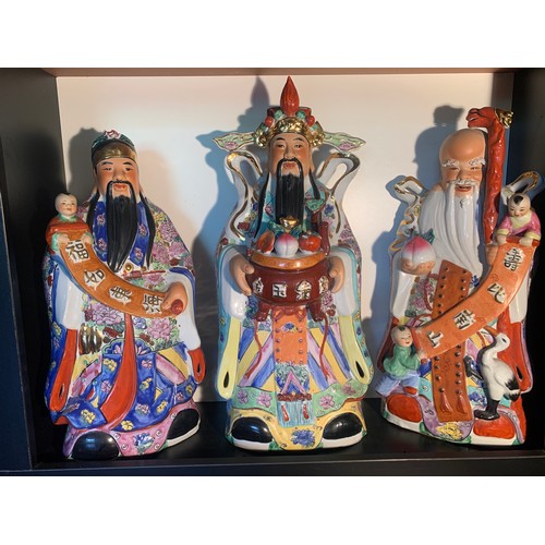 254 - 3X WISE GOD STATUES - FUK, LUK & SAU -HANDPAINTED PORCELAIN WITH GOLD DETAIL -
 70CM H X 30CM W