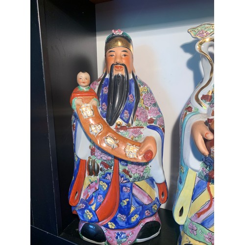 254 - 3X WISE GOD STATUES - FUK, LUK & SAU -HANDPAINTED PORCELAIN WITH GOLD DETAIL -
 70CM H X 30CM W